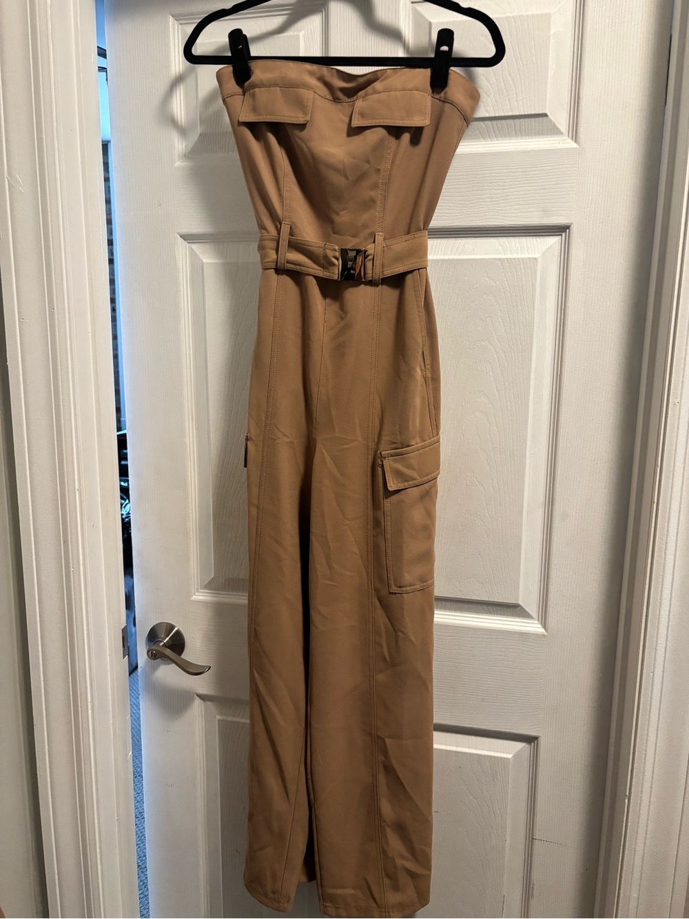 Zara Strapless Wide-Leg Jumpsuit in Tan with Belt